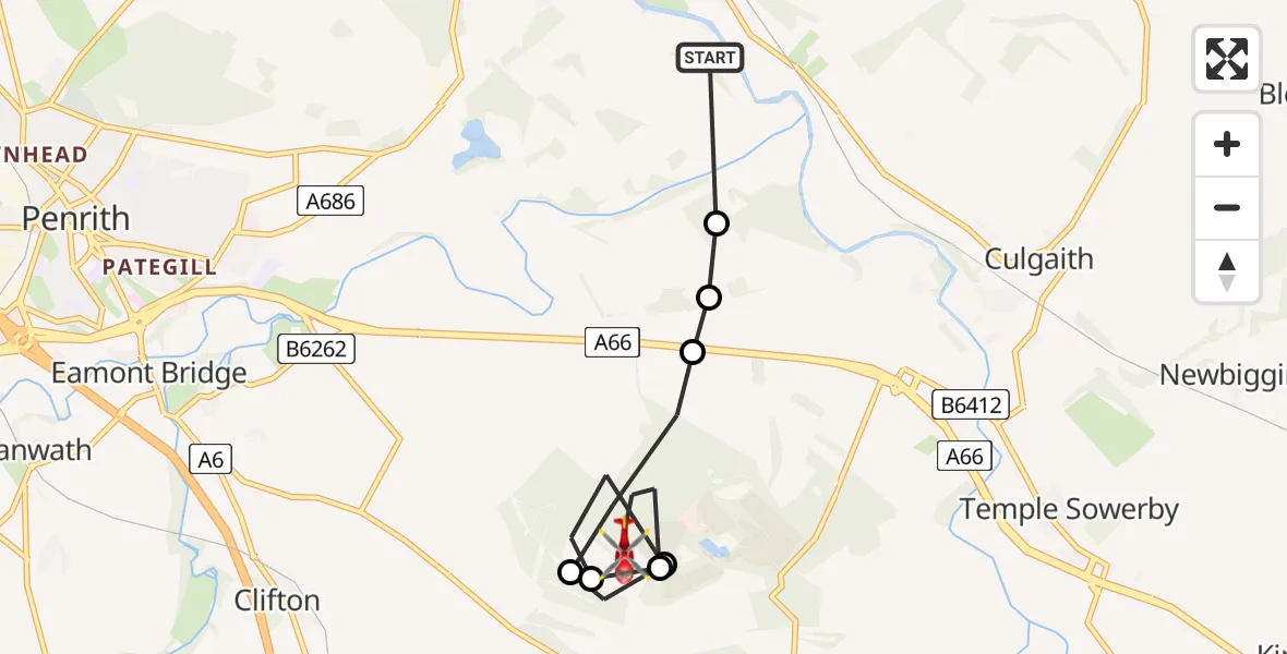 Flight path map showing Air Ambulance Helicopter route from Langwathby to Brougham