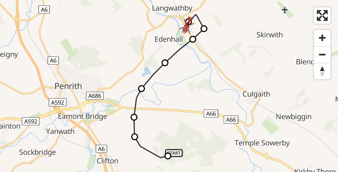 Flight path map showing Air Ambulance Helicopter route from Brougham to Langwathby