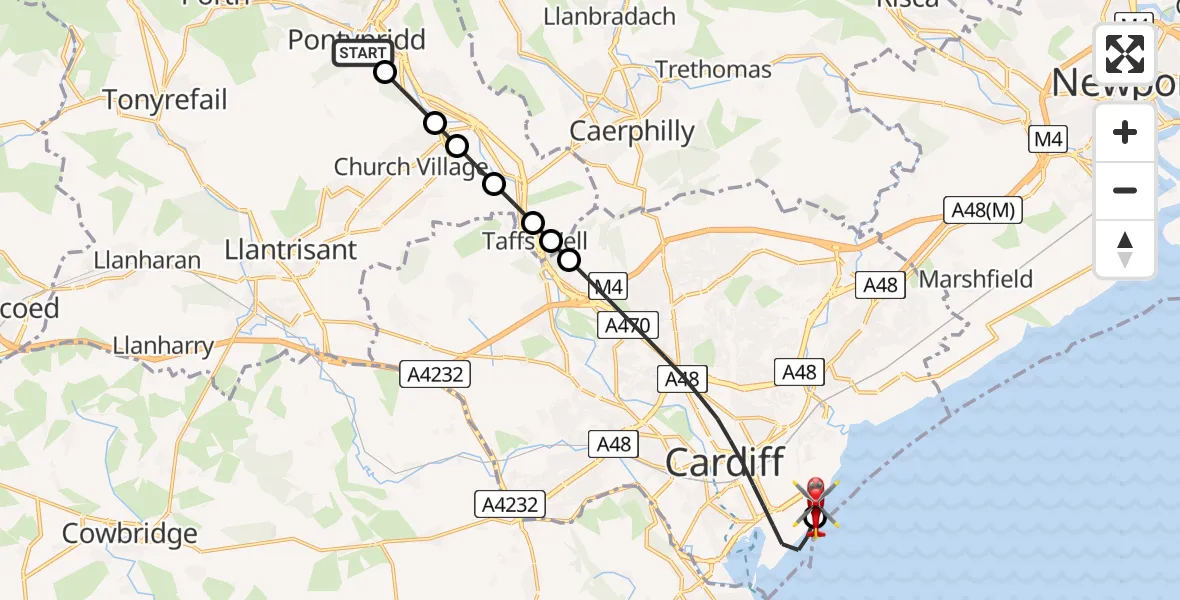 Flight path map showing Air Ambulance Helicopter route from Y Graig to Cardiff Heliport