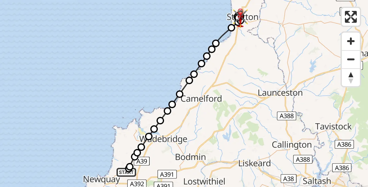 Flight path map showing Air Ambulance Helicopter route from Cornwall Airport Newquay to Stratton
