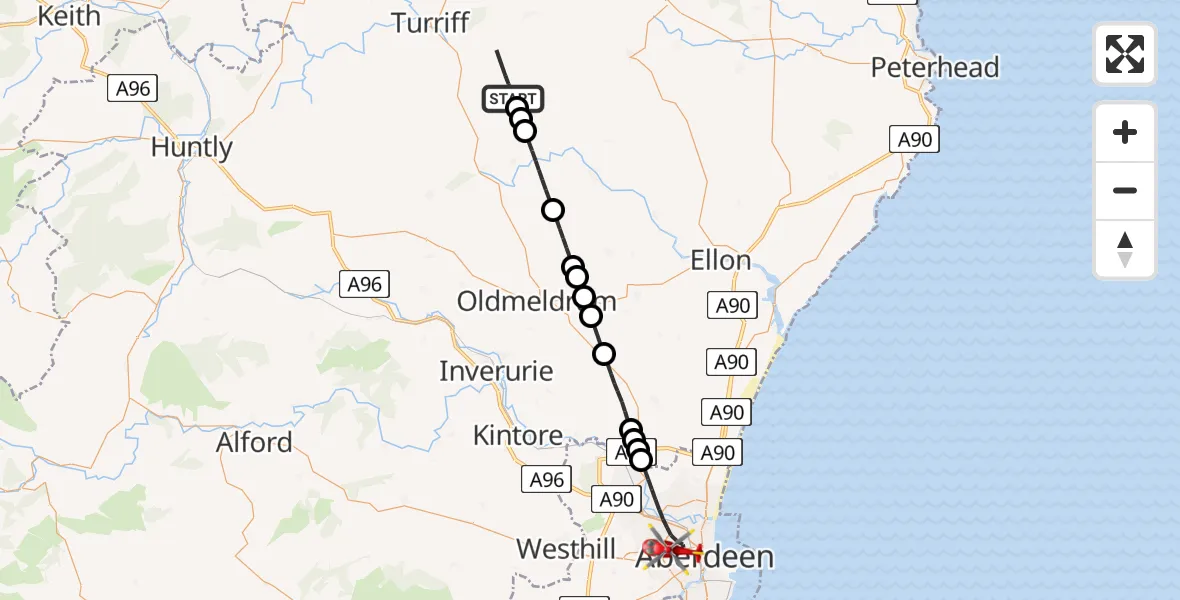 Flight path map showing Air Ambulance Helicopter route from Woodhead to Aberdeen City