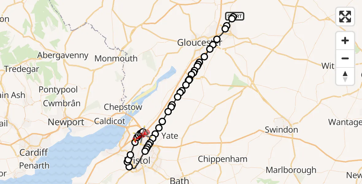 Flight path map showing Air Ambulance Helicopter route from Gotherington to Bristol