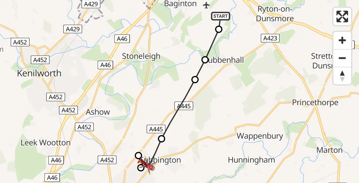 Flight path map showing Air Ambulance Helicopter route from Coventry Airport to Royal Leamington Spa