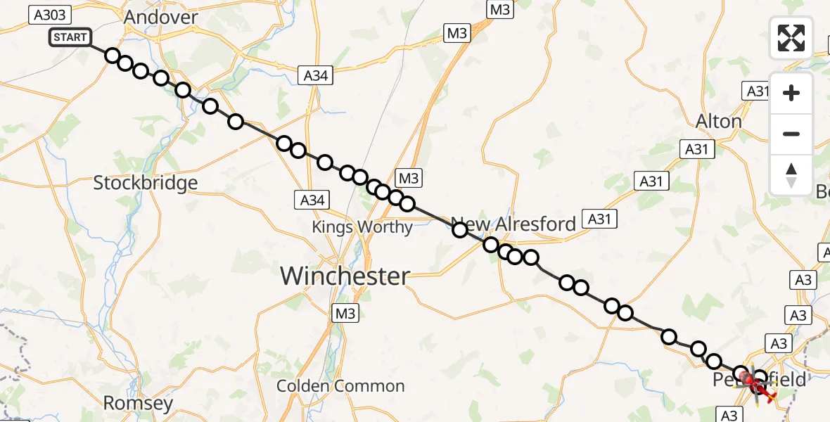 Flight path map showing Air Ambulance Helicopter route from Monxton to Petersfield