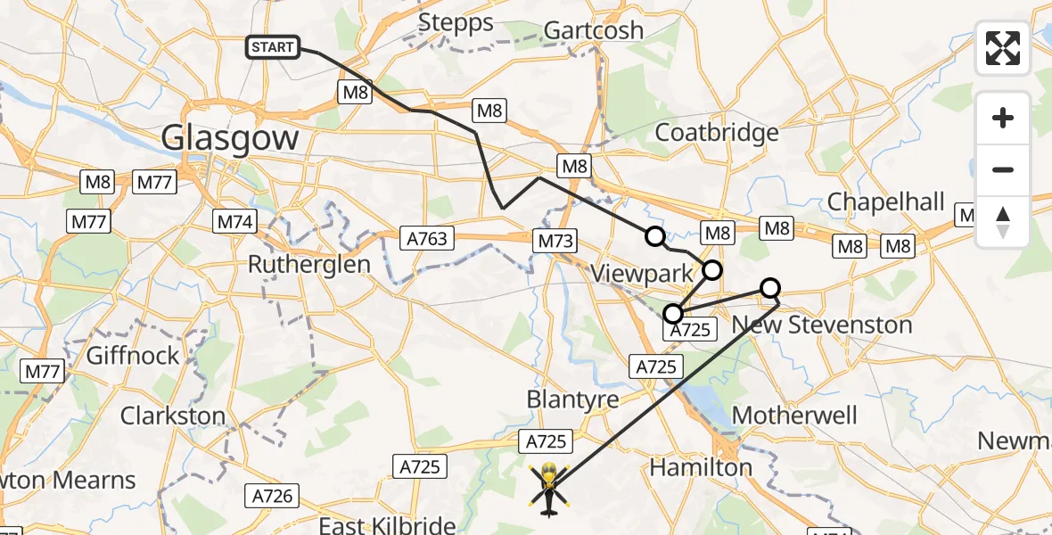 Flight path map showing Police Helicopter route from Glasgow to Blantyre