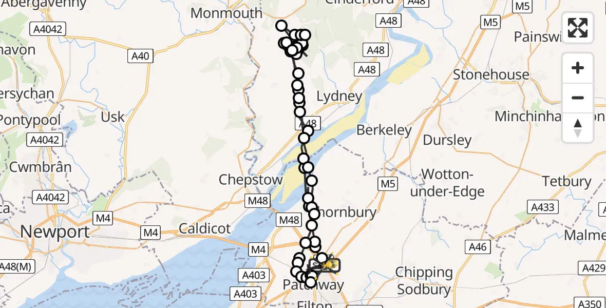 Flight path map showing Police Helicopter route from Almondsbury Helicopter Base to Almondsbury Helicopter Base