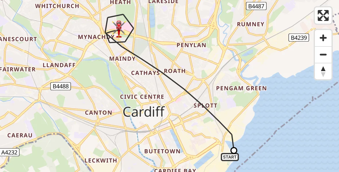 Flight path map showing Air Ambulance Helicopter route from Cardiff Heliport to Cardiff
