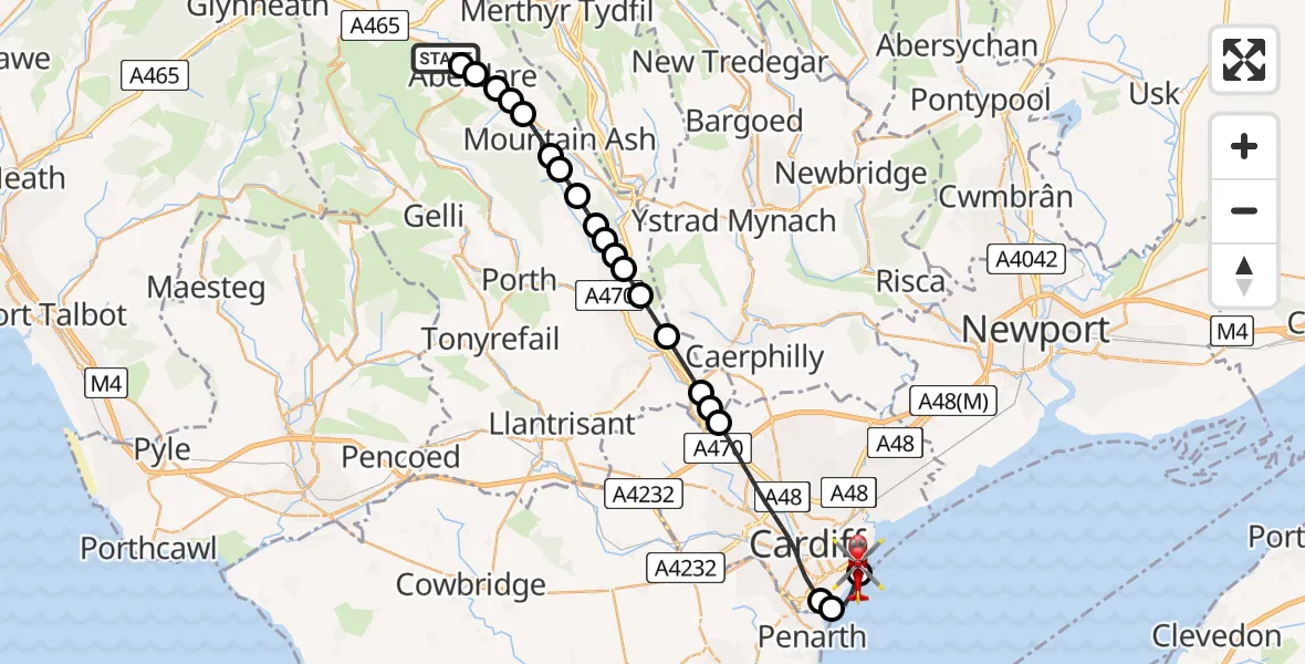 Flight path map showing Air Ambulance Helicopter route from Aberdare to Cardiff Heliport