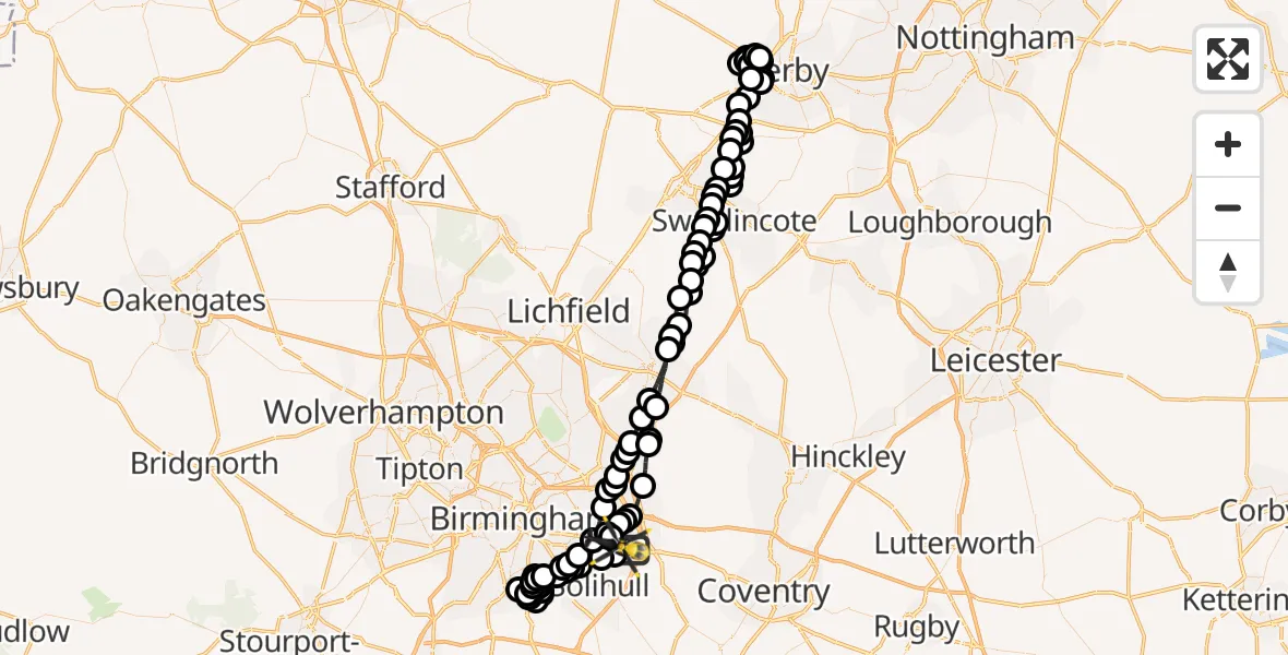 Flight path map showing Police Helicopter route from Birmingham Airport to Birmingham Airport