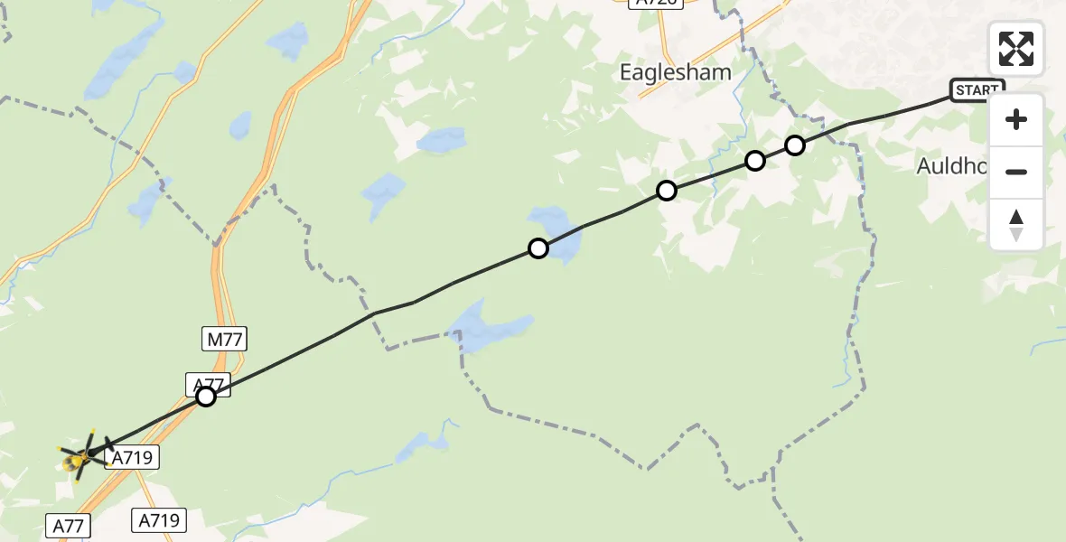 Flight path map showing Police Helicopter route from Auldhouse to Kingsford