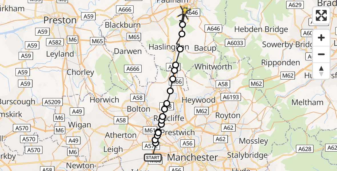 Flight path map showing Police Helicopter route from Worsley to Burnley