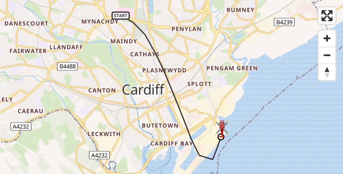 Flight path map showing Air Ambulance Helicopter route from Cardiff to Cardiff Heliport