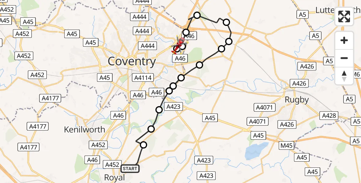 Flight path map showing Air Ambulance Helicopter route from Cubbington to Coventry