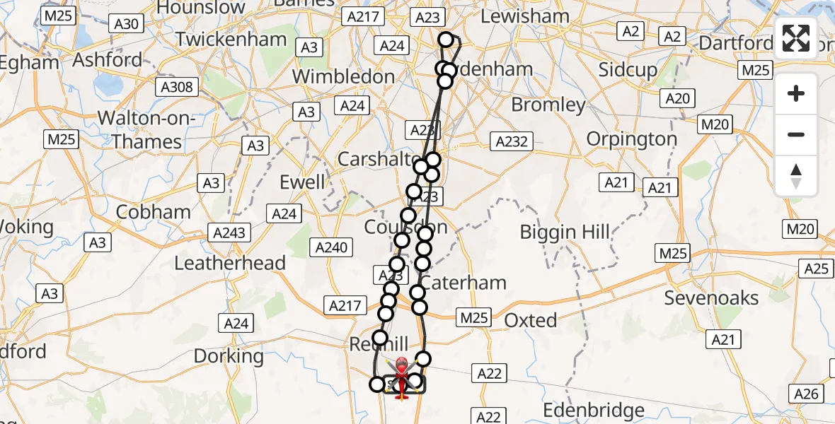 Flight path map showing Air Ambulance Helicopter route from Redhill Aerodrome to Redhill Aerodrome