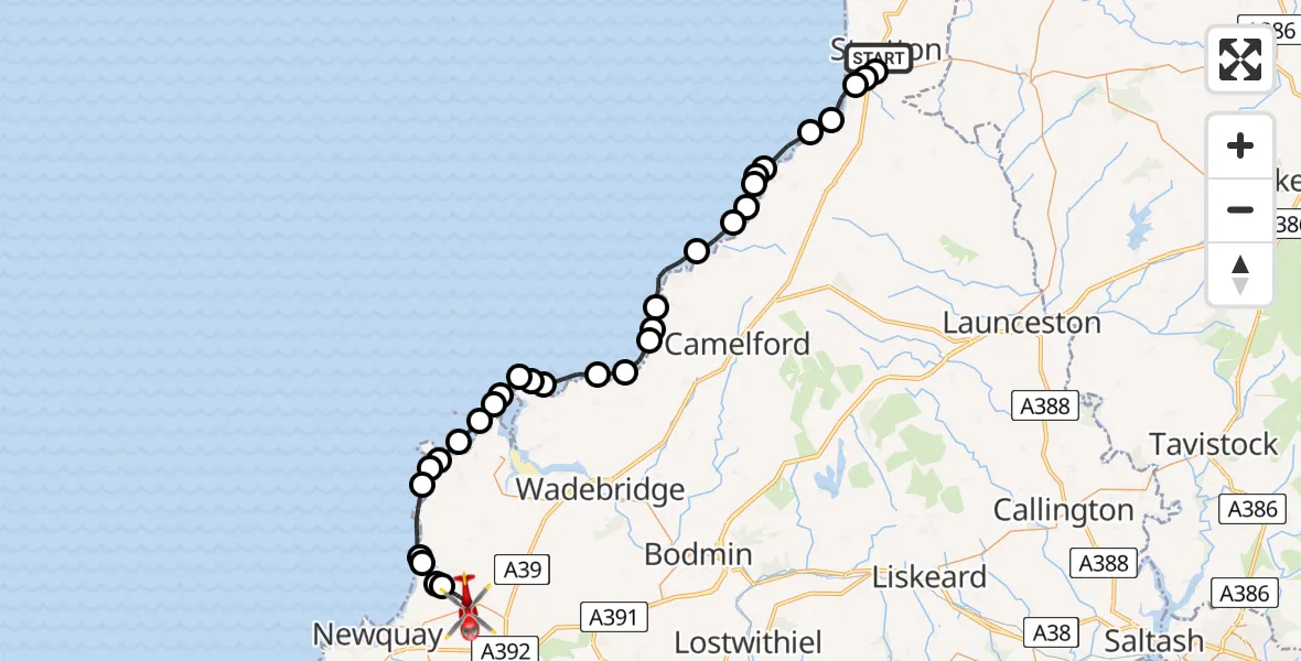 Flight path map showing Air Ambulance Helicopter route from Stratton to Cornwall Airport Newquay