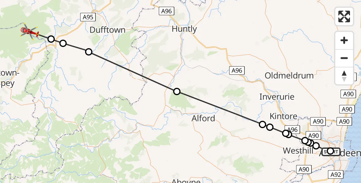 Flight path map showing Air Ambulance Helicopter route from Aberdeen Royal Infirmary Helistrip to Ballindalloch