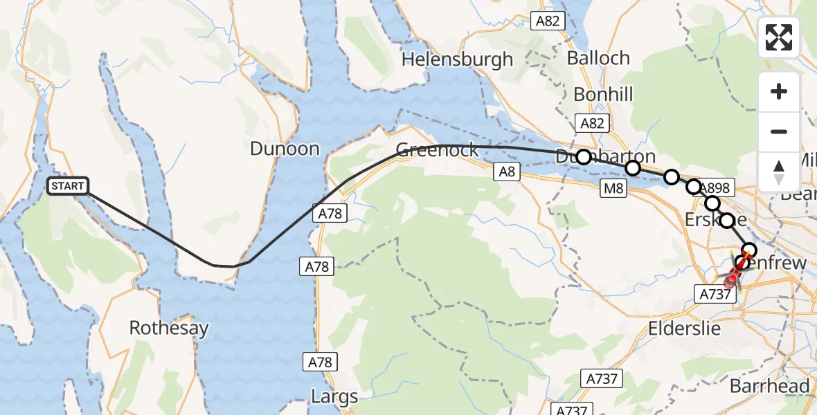 Flight path map showing Air Ambulance Helicopter route from Inner Seas to Glasgow Airport
