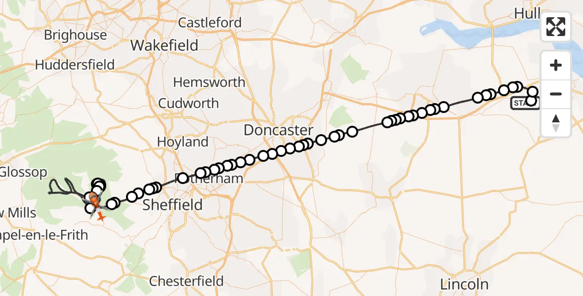 Flight path map showing Coastguard Helicopter route from Humberside Airport to Ladybower Reservoir