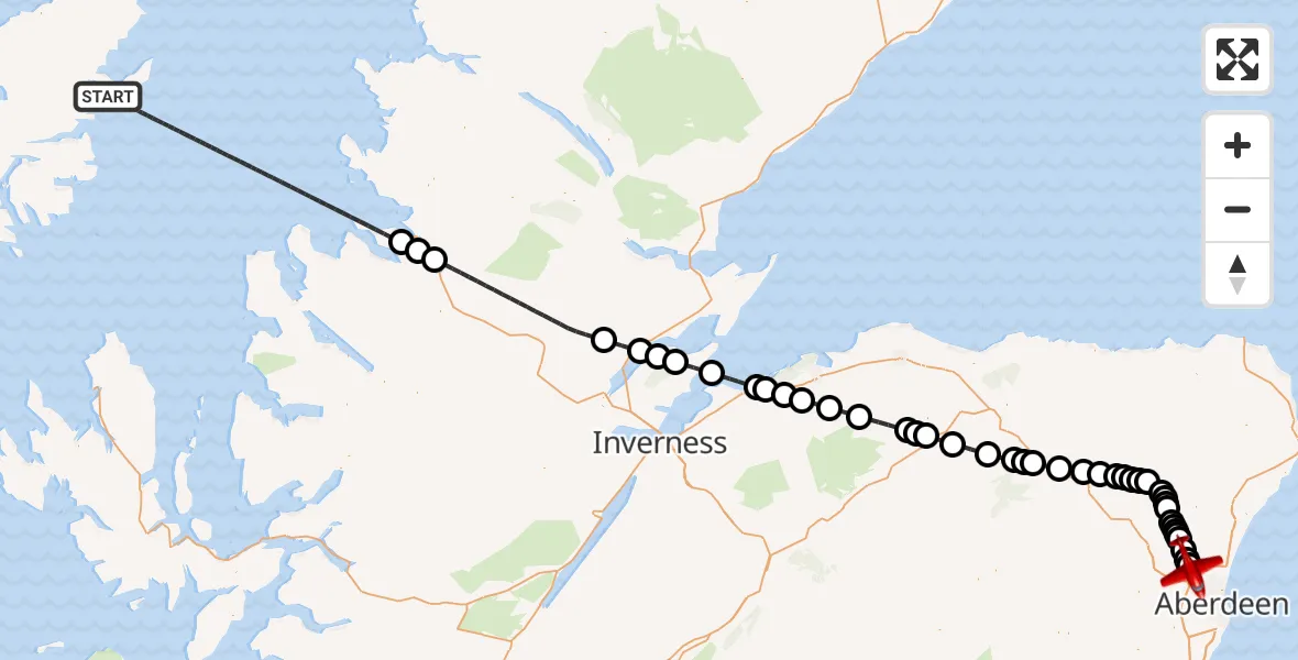 Flight path map showing Air Ambulance Aircraft route from Inner Seas to Aberdeen City