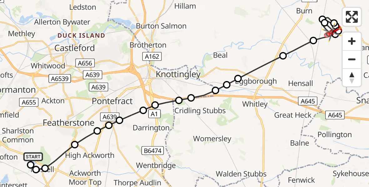 Flight path map showing Air Ambulance Helicopter route from YAA Nostell Helicopter Port to Burn