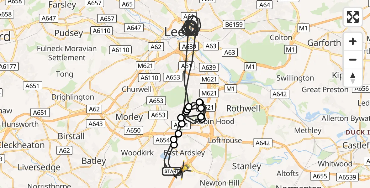 Flight path map showing Police Helicopter route from East Ardsley to East Ardsley