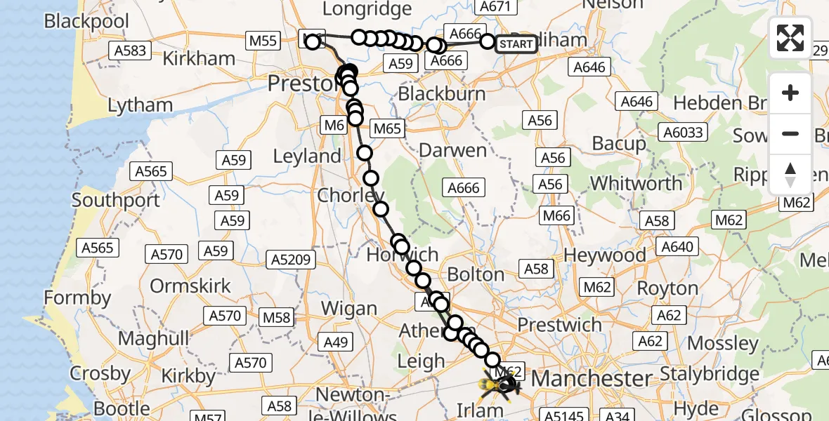 Flight path map showing Police Helicopter route from Read to Manchester Barton Aerodrome