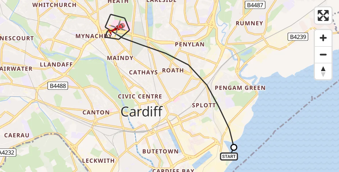 Flight path map showing Air Ambulance Helicopter route from Cardiff Heliport to Cardiff