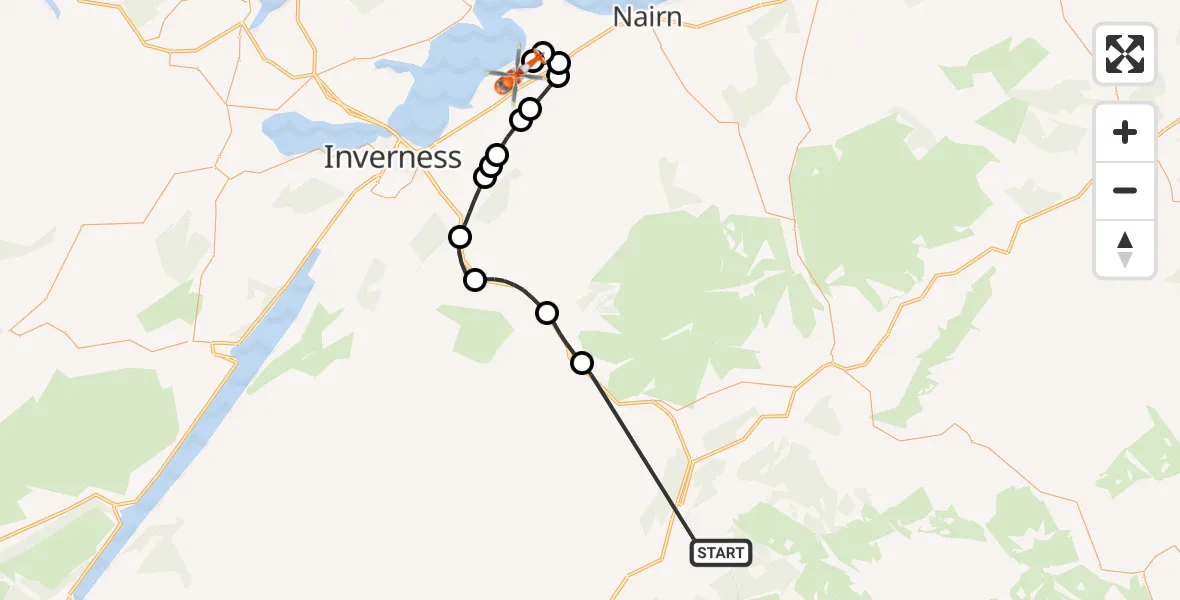 Flight path map showing Coastguard Helicopter route from Aviemore to Inverness Airport