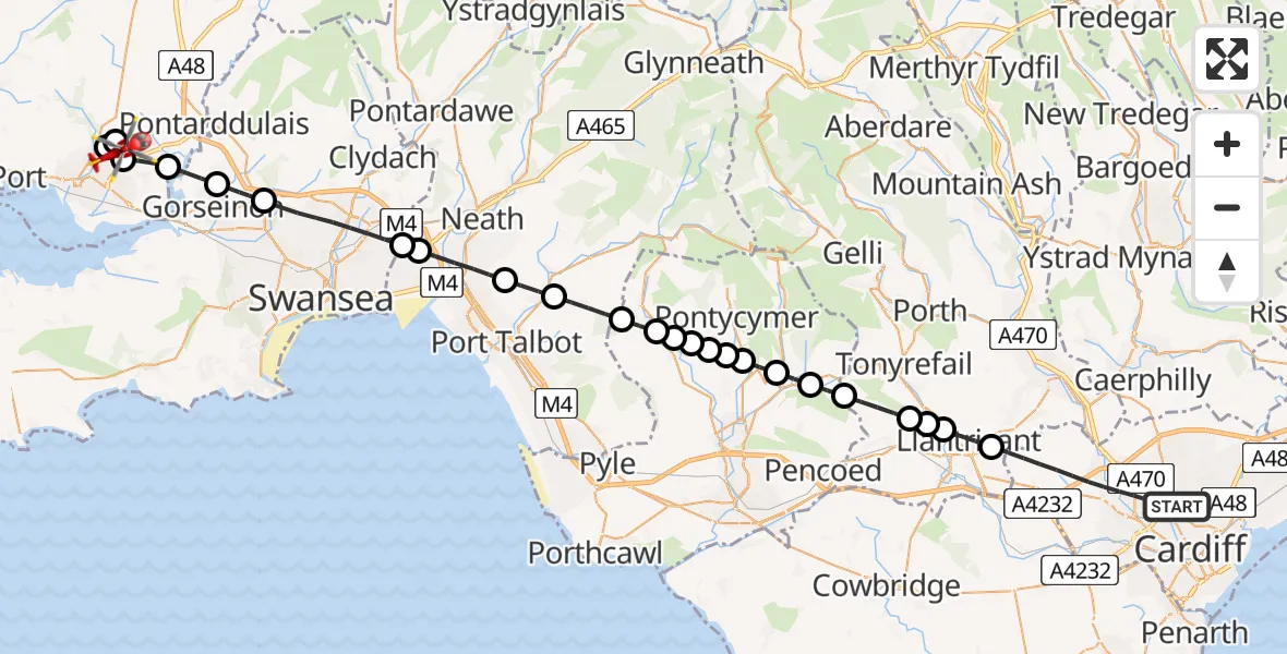 Flight path map showing Air Ambulance Helicopter route from Cardiff to Dafen