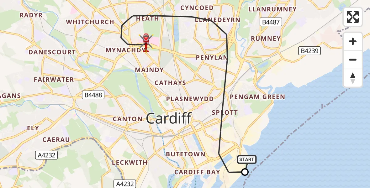 Flight path map showing Air Ambulance Helicopter route from Cardiff Heliport to Cardiff