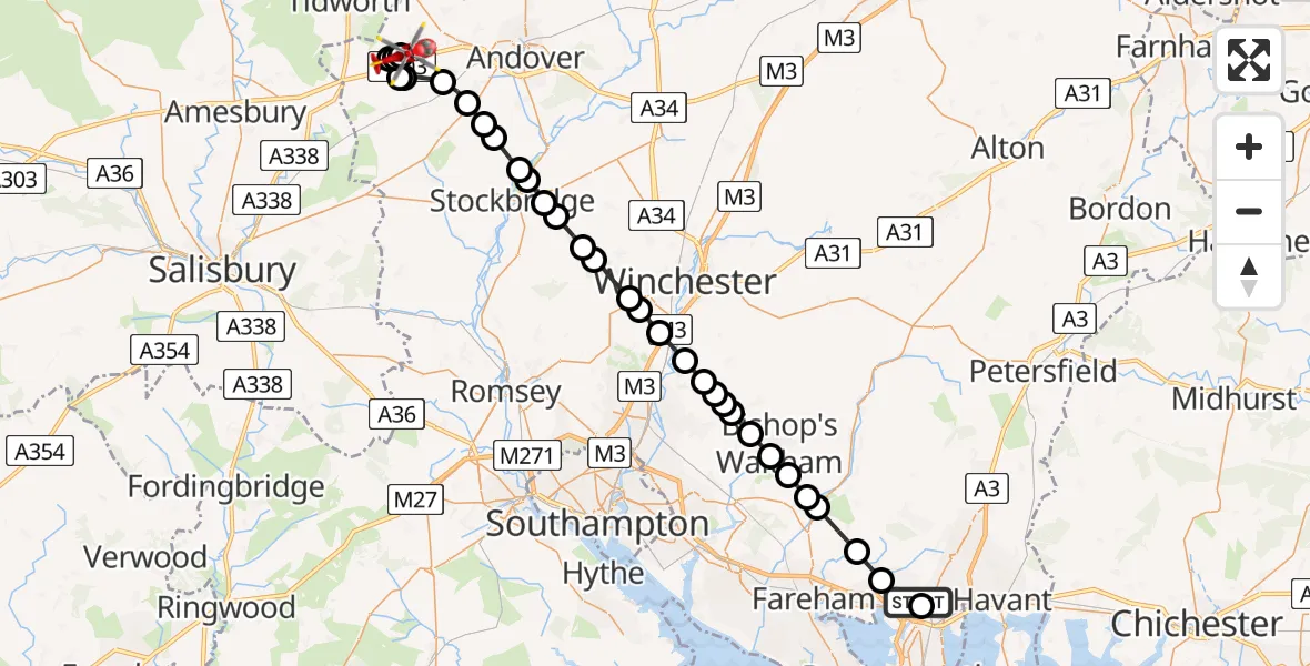 Flight path map showing Air Ambulance Helicopter route from Queen Alexandra Hospital to Thruxton Aerodrome