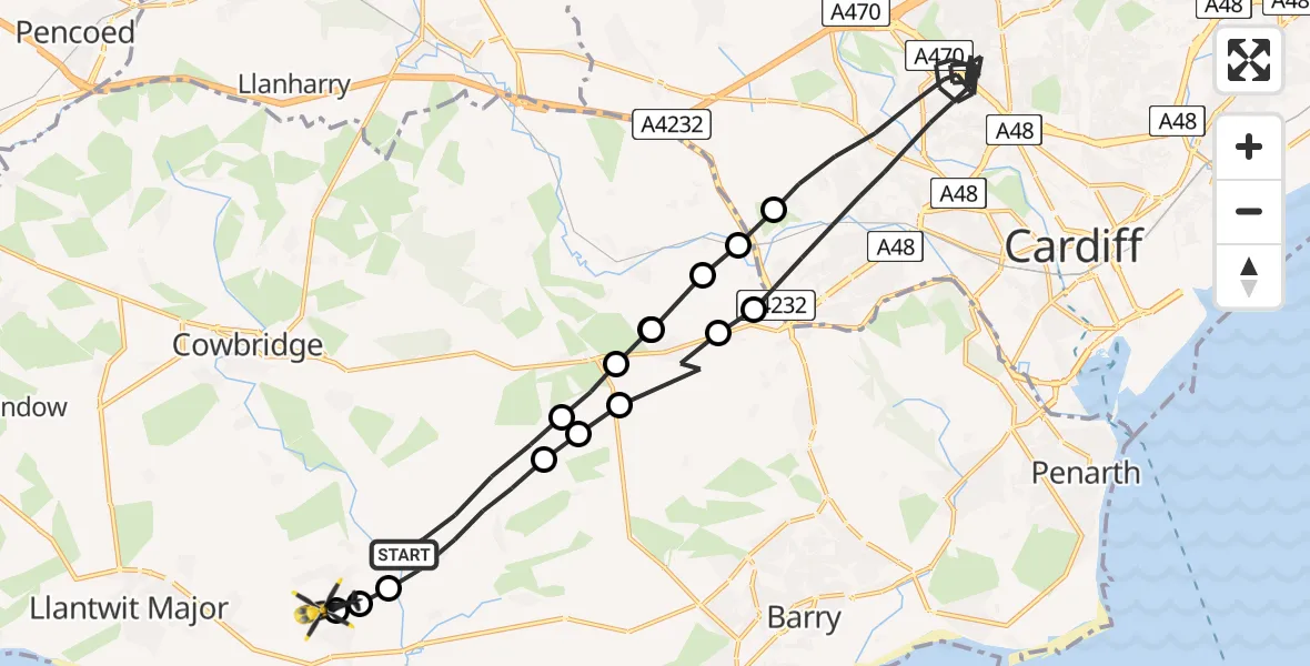 Flight path map showing Police Helicopter route from Llancarfan to MOD St Athan