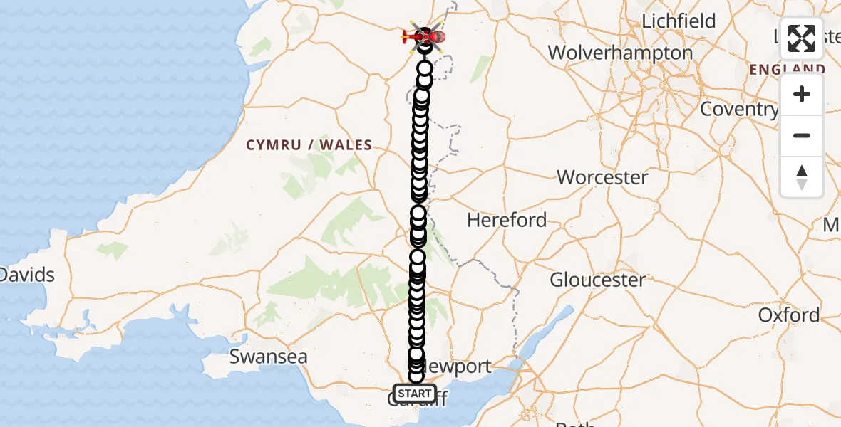 Flight path map showing Air Ambulance Helicopter route from Cardiff to Welshpool Airport