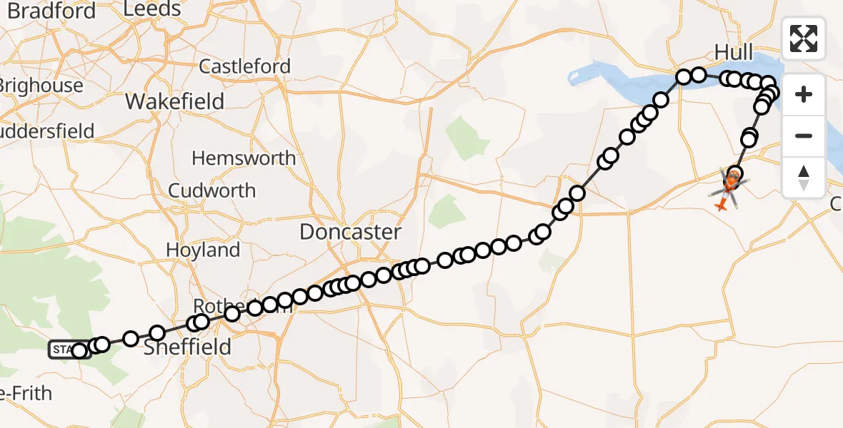 Flight path map showing Coastguard Helicopter route from Ladybower Reservoir to Humberside Airport
