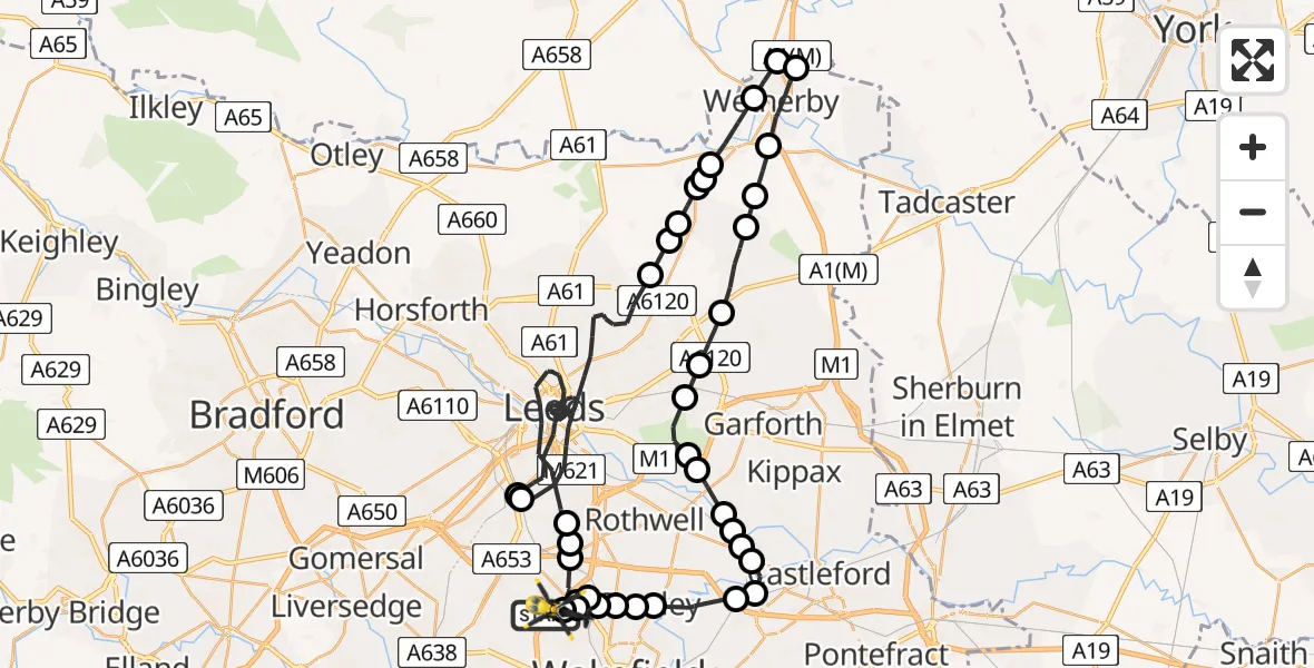 Flight path map showing Police Helicopter route from East Ardsley to East Ardsley