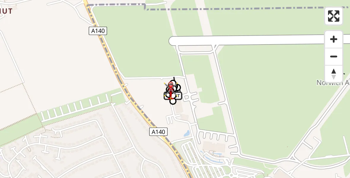 Flight path map showing Air Ambulance Helicopter route from Norwich Airport to Norwich