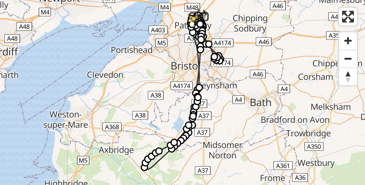 Flight path map showing Police Helicopter route from Almondsbury Helicopter Base to Almondsbury Helicopter Base