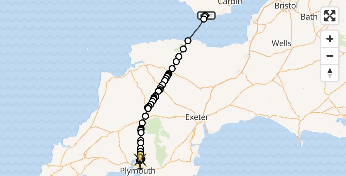 Flight path map showing Police Helicopter route from MOD St Athan to Plymouth