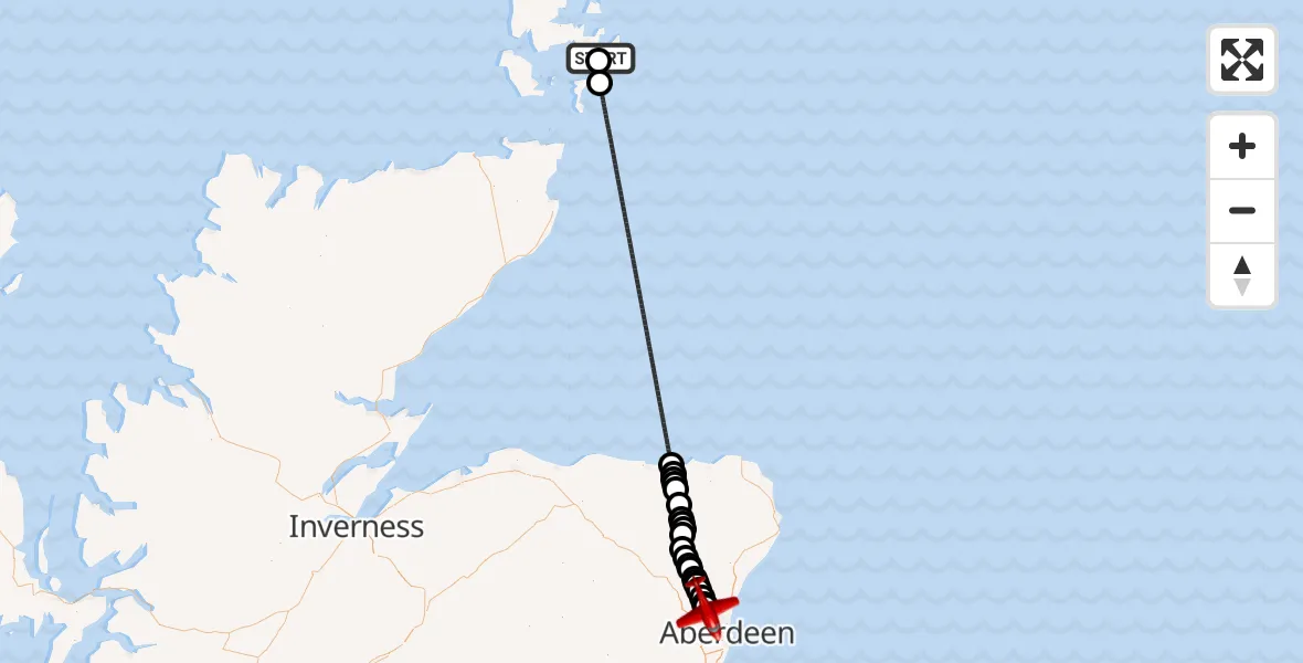 Flight path map showing Air Ambulance Aircraft route from Toab to Aberdeen City