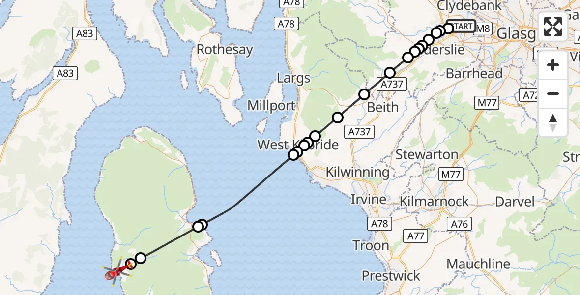 Flight path map showing Air Ambulance Helicopter route from Glasgow Airport to Blackwaterfoot