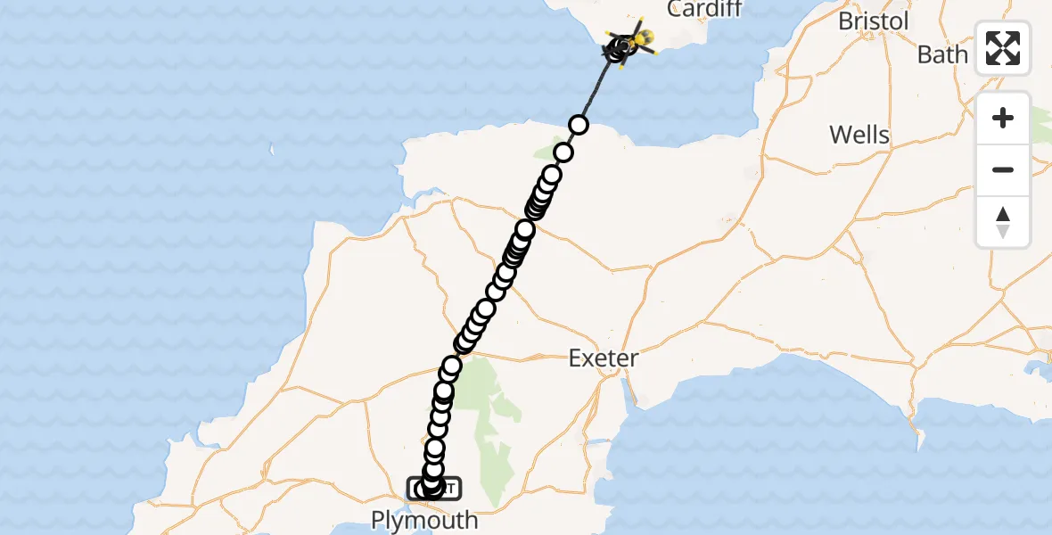 Flight path map showing Police Helicopter route from Roborough to MOD St Athan