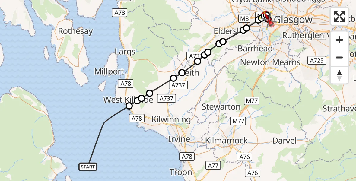 Flight path map showing Air Ambulance Helicopter route from Inner Seas to Queen Elizabeth Hospital