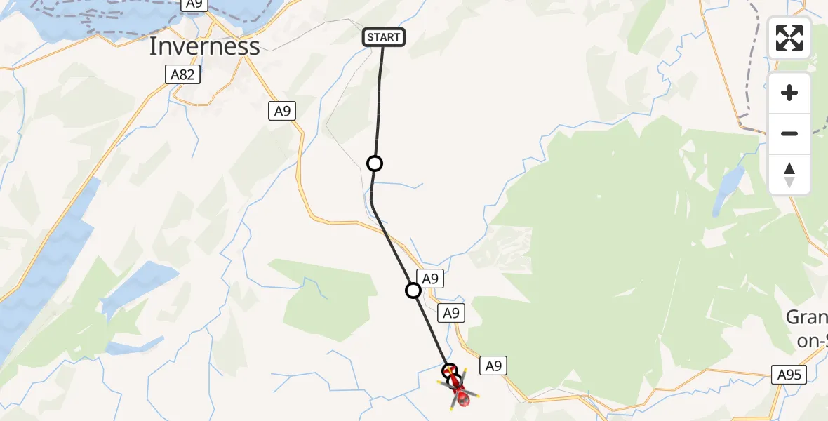 Flight path map showing Air Ambulance Helicopter route from Newlands of Culloden to Tomatin