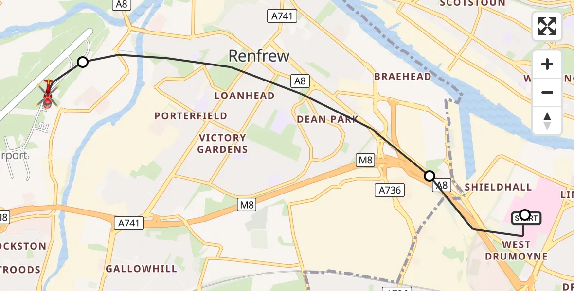 Flight path map showing Air Ambulance Helicopter route from Queen Elizabeth Hospital to Glasgow Airport