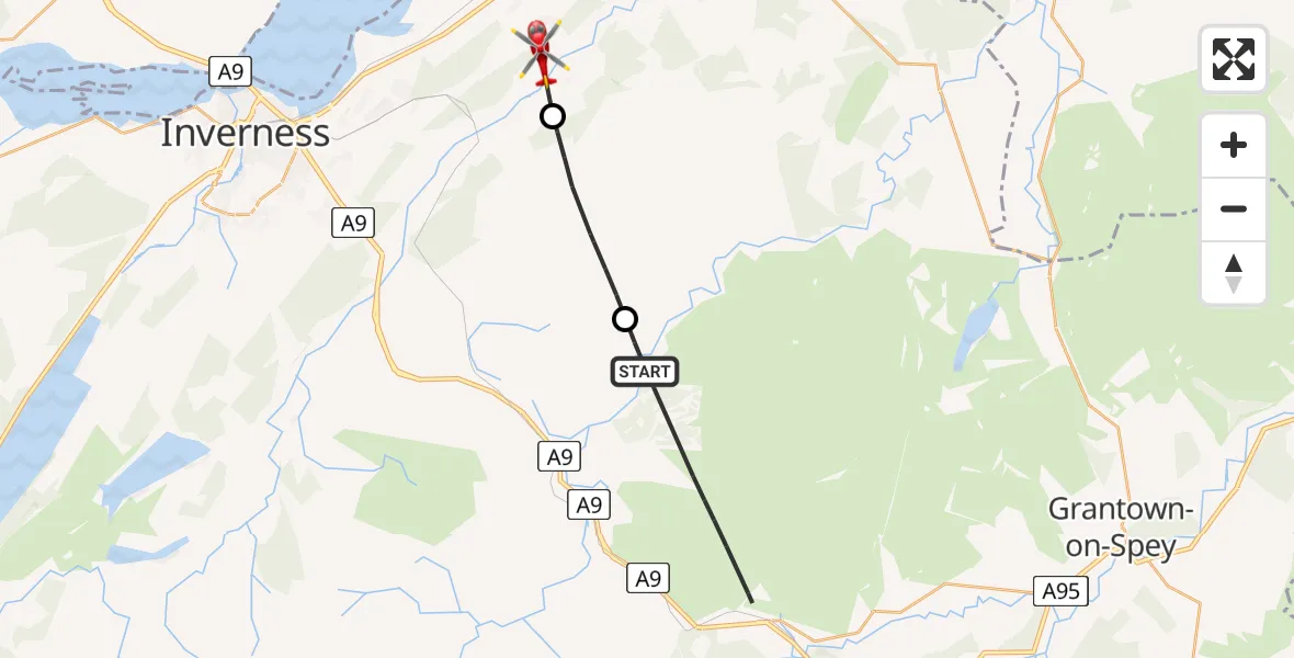 Flight path map showing Air Ambulance Helicopter route from Ballachrochin to Croy