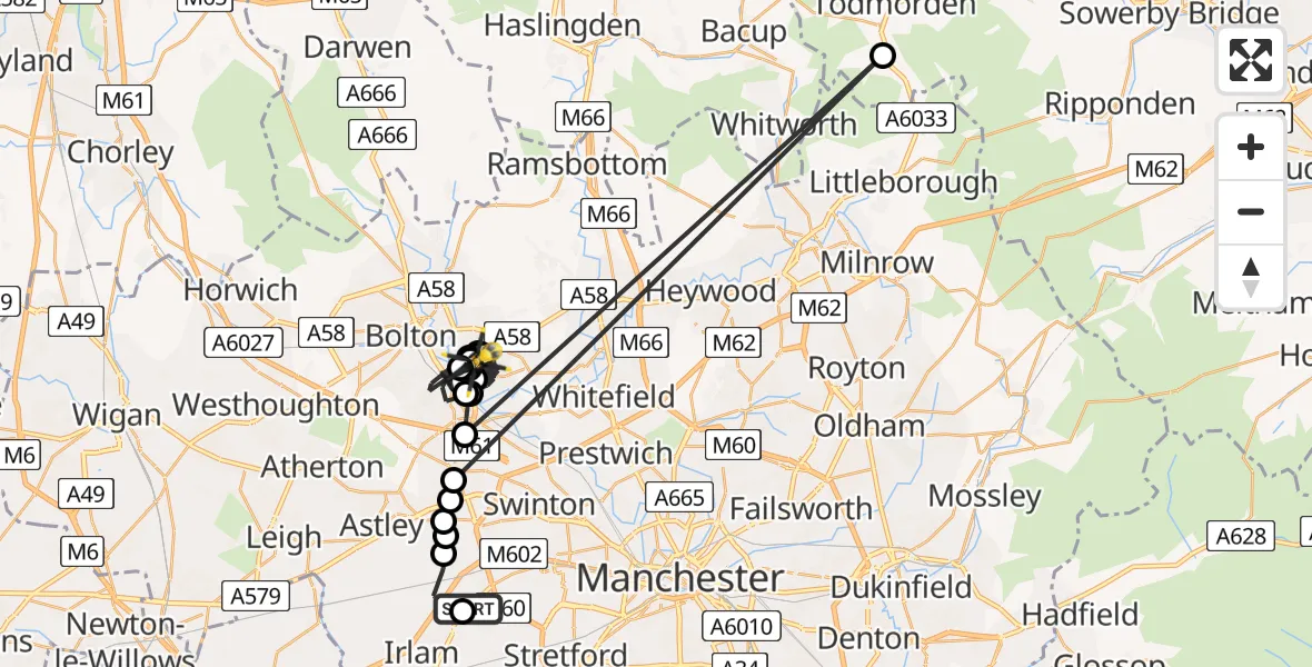 Routekaart van de vlucht: Police Helicopter to Little Lever, Liverpool Road