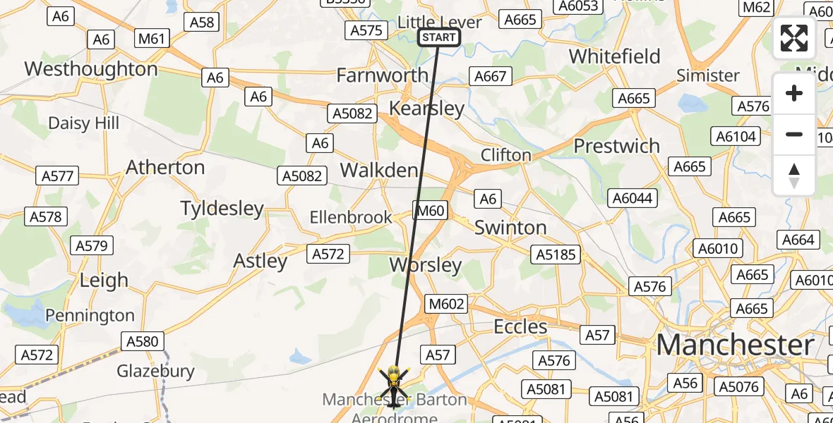 Routekaart van de vlucht: Police Helicopter on its way from Little Lever