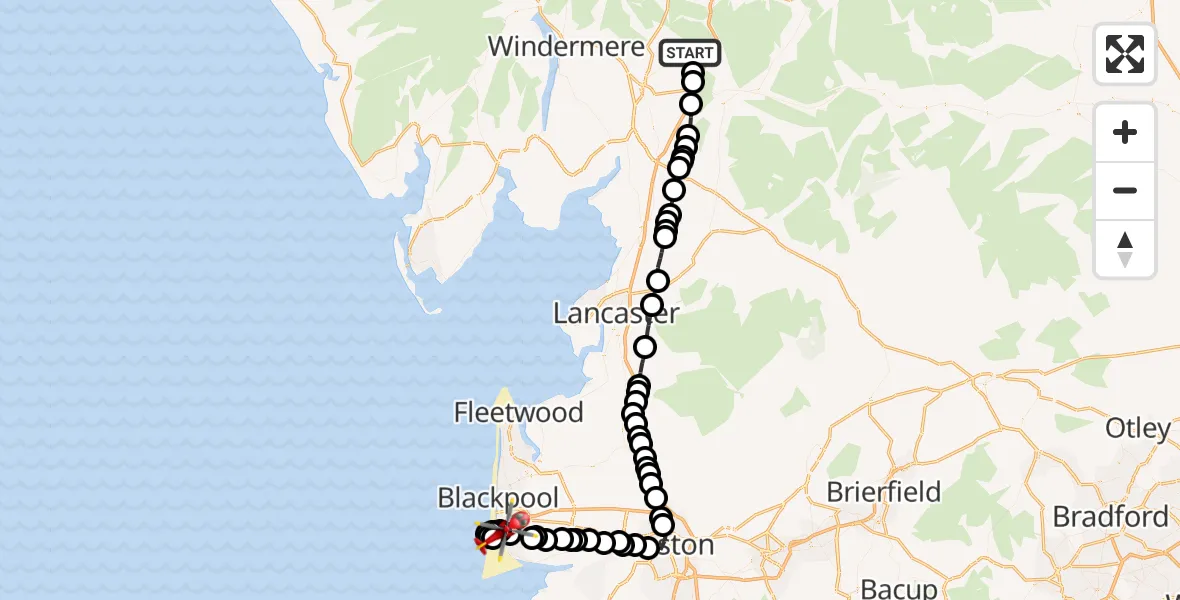 Flight path map showing Air Ambulance Helicopter route from Grayrigg to Blackpool Airport