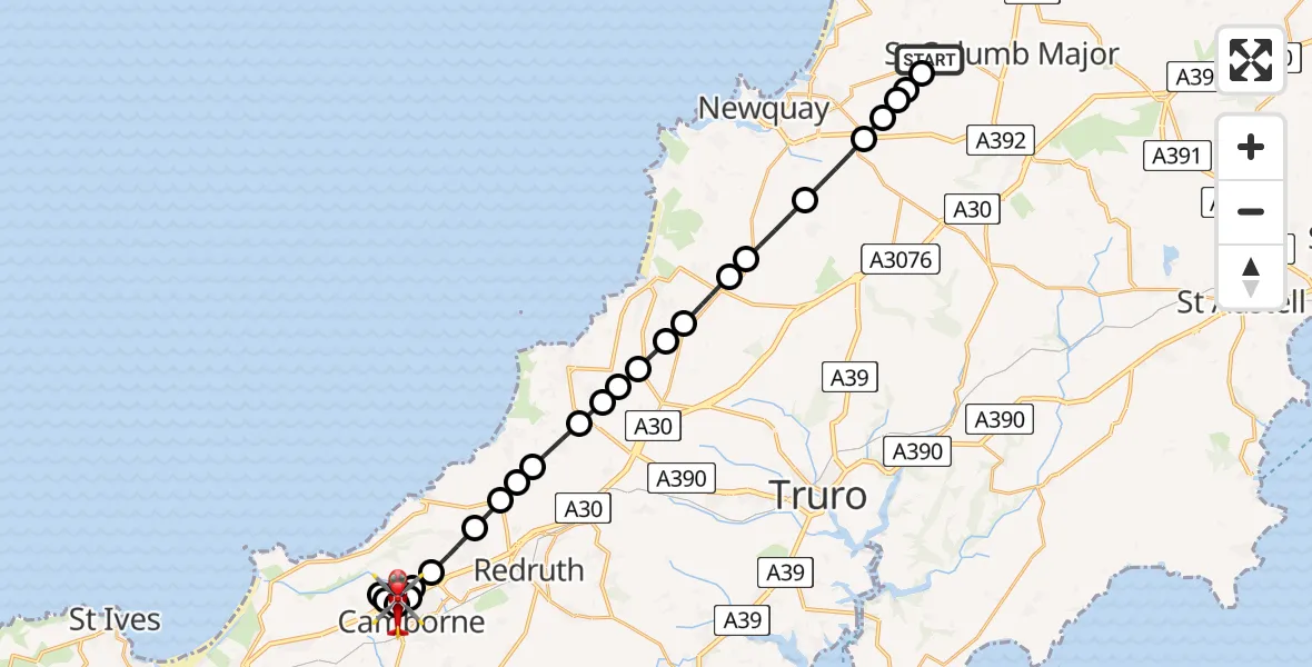 Flight path map showing Air Ambulance Helicopter route from Cornwall Airport Newquay to Camborne