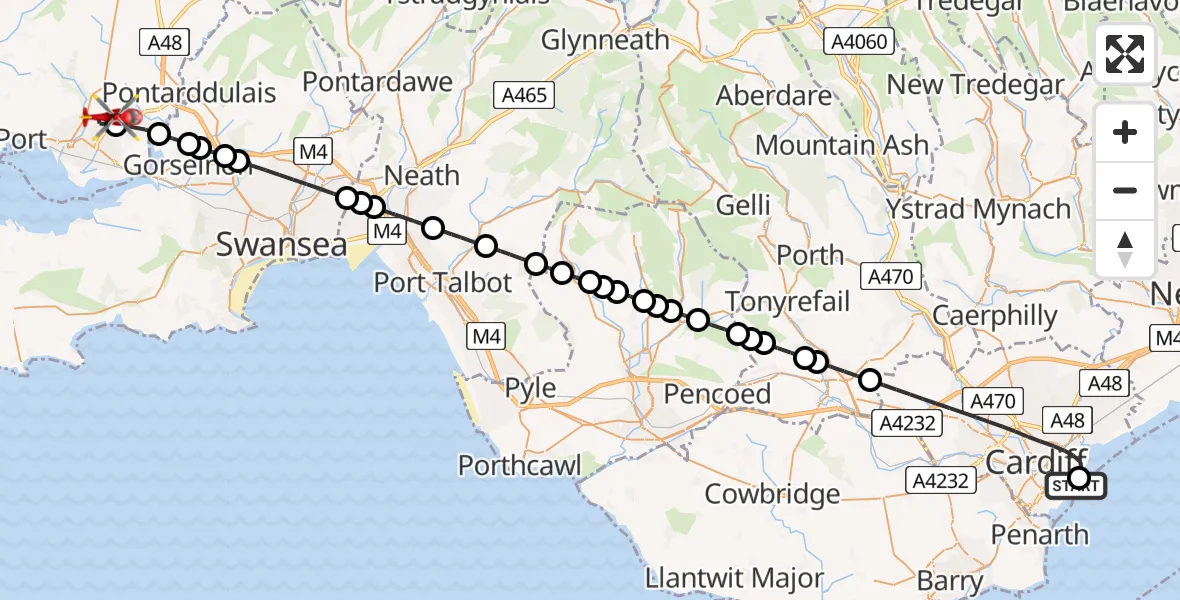 Flight path map showing Air Ambulance Helicopter route from Cardiff Heliport to Dafen